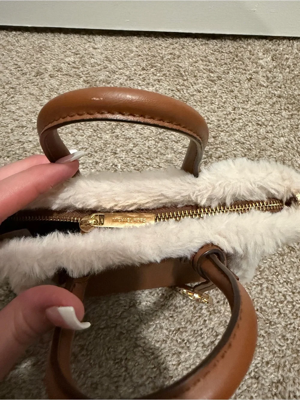 Michael Kors Mini Brown Mini Satchel with Cream Shearling Trim